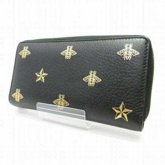 Gucci Black Leather Large Long Wallet Zip Around Gold Oro Bee Star Italy NEW - Picture 2 of 16